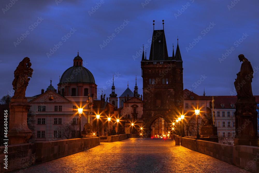 View of Prague at twilight from the Charles Bridge