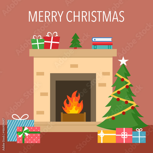 Christmas fireplace decoration concept vector illustration. Merry Christmas celebration.