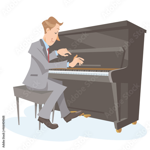A jazz piano player performing on isolated white background. Performing with upright piano. Vector illustration in flat cartoon style.