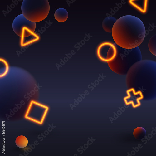 Realistic blue dark balls and Red, yellow, gold, golden neon circle, square, cross, triangle in black abstract background. Vector illustration for postcard, banner, cards, web, design, advertising.