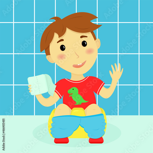 Cute little smiling boy sitting on pot with toilet paper. Flat vector illusration. Cute character sits in anfas with his pants down and waves his hand.