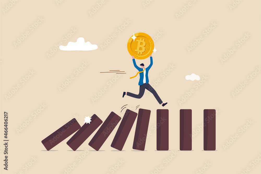 Stop loss or cut loss from Bitcoin and cryptocurrency collapse, trader technical analysis, escape or avoid investment risk, businessman investor carrying bitcoin running away from collapse domino. Stop loss or cut loss from Bitcoin and cryptocurrency collapse, trader technical analysis, escape or avoid investment risk, businessman investor carrying bitcoin running away from collapse domino.