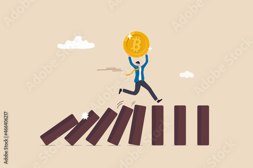 Stop loss or cut loss from Bitcoin and cryptocurrency collapse, trader technical analysis, escape or avoid investment risk, businessman investor carrying bitcoin running away from collapse domino.