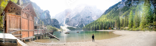 Panoramic view of the magical Lake di Braies Dolomites Italy