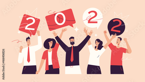 Vector illustration depicting a group of office workers celebrating the new year 2022. Editable stroke