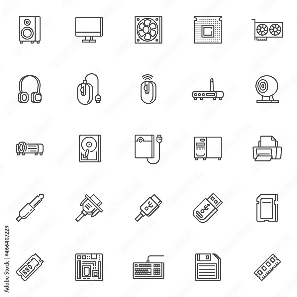 Computer components line icons set Computer components line icons set