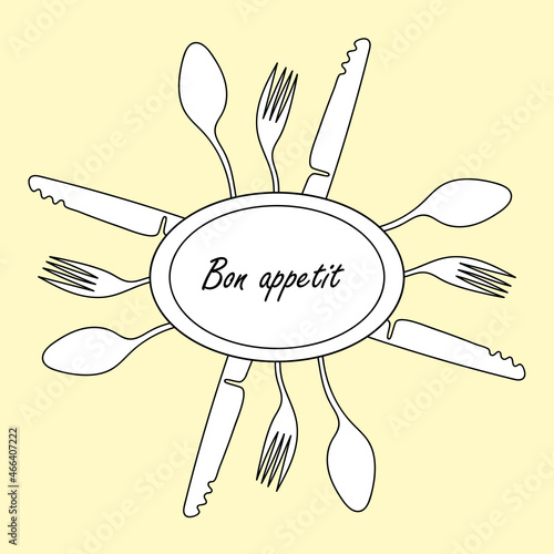 Bon appetit . Dish and cutlery for the design of the menu. Vector illustration black and white