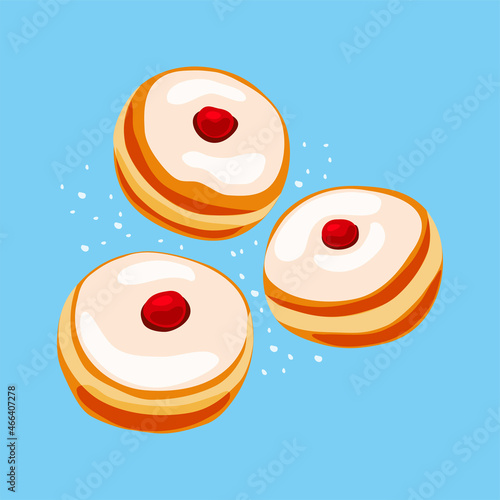 Sweet donuts set for Happy Jewish Holiday Hanukkah. Sufganiyot jelly doughnuts. Vector cartoon illustration of food. Isolated background