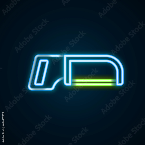 Glowing neon line Hacksaw icon isolated on black background. Metal saw for wood and metal. Colorful outline concept. Vector