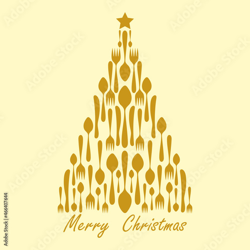 Christmas tree, menu design. Greeting card of cutlery utensils.