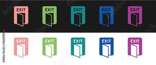 Set Fire exit icon isolated on black and white background. Fire emergency icon. Vector