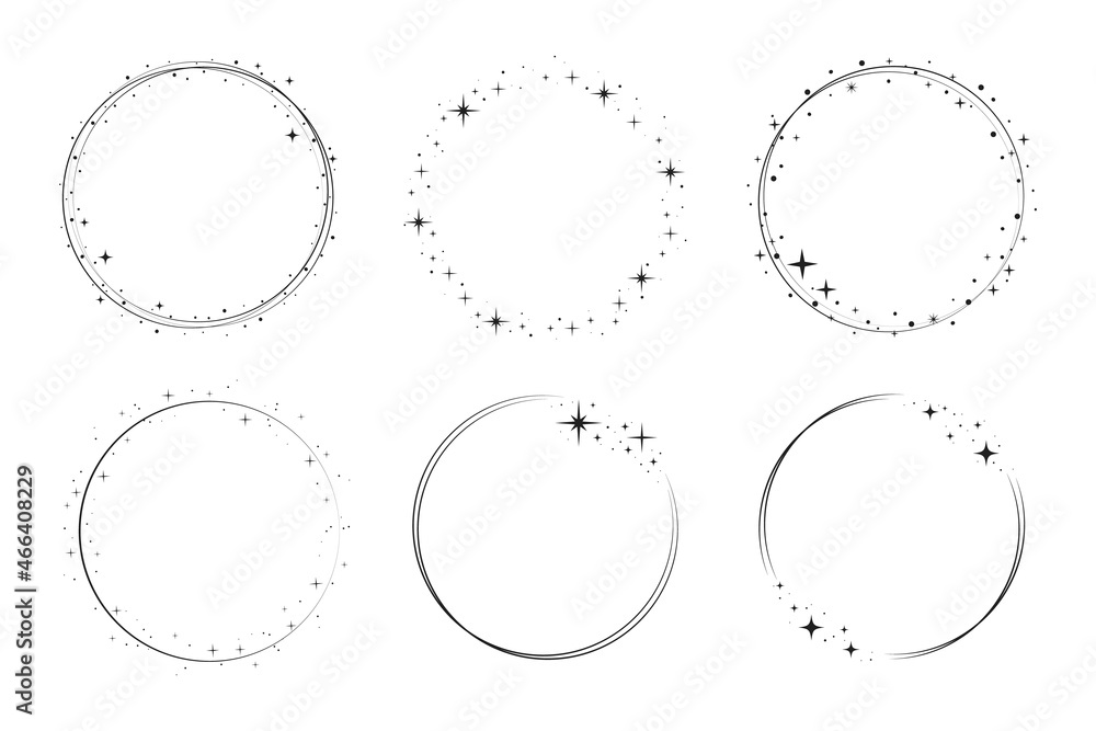 Star circle frame set. Wreath round stardust border for party, birthday decor design. Laurel frame with, cosmic glitter shine. Isolated black flat vector illustration. Star circle frame set. Wreath round stardust border for party, birthday decor design. Laurel frame with, cosmic glitter shine. Isolated black flat vector illustration.