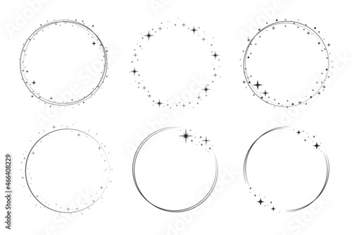 Star circle frame set. Wreath round stardust border for party, birthday decor design. Laurel frame with, cosmic glitter shine. Isolated black flat vector illustration.