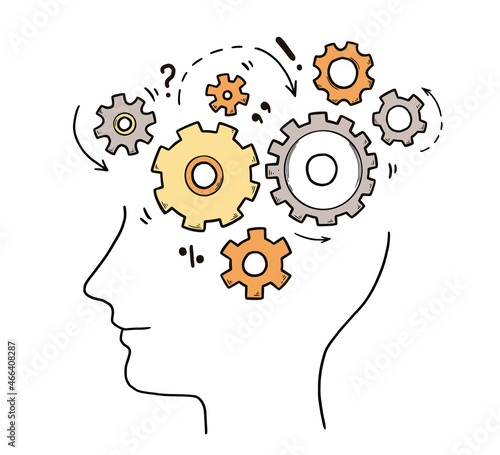 Brain think, brainstorming concept. Doodle sketch style mind gear mechanism. Symbol of intelligent, creative process, idea background. Education concept vector illustration.