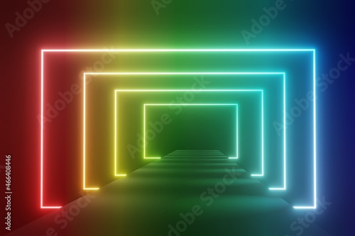 3d render of RGB neon light on darkness background. Abstract Laser lines show at night. Ultraviolet spectrum beam scene