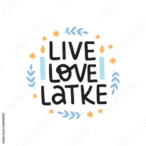 Love Love Latke hand drawn lettering text. Hanukkah Jewish holiday. Hanuka vector quote with candle. Chanukah wish sayings isolated on white. For poster, invitation, greeting card, postcard, banner.