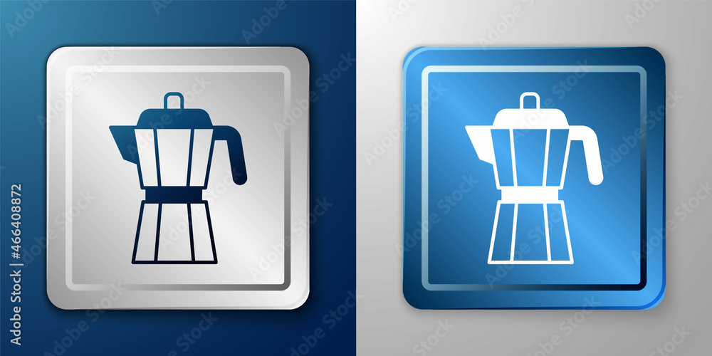 White Coffee maker moca pot icon isolated on blue and grey background. Silver and blue square button. Vector White Coffee maker moca pot icon isolated on blue and grey background. Silver and blue square button. Vector