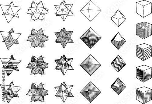 手描きの星・多面体・詫び石・ダイス　vintage etching, geometric, star, polyhedron, dice, cube