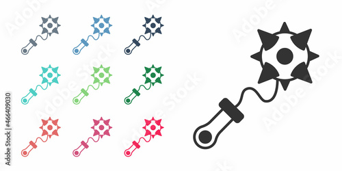 Black Medieval chained mace ball icon isolated on white background. Morgenstern medieval weapon or mace with spikes. Set icons colorful. Vector