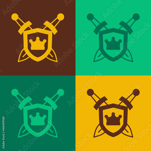 Pop art Medieval shield with crossed swords icon isolated on color background. Vector