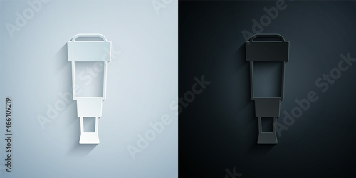 Paper cut Spyglass telescope lens icon isolated on grey and black background. Sailor spyglass. Paper art style. Vector