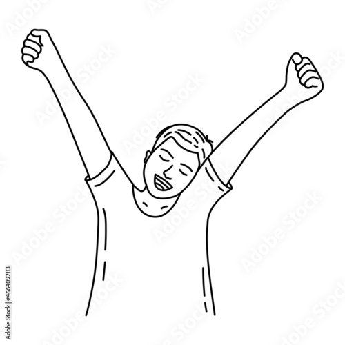 Young man guy stretches and yawns early in the morning. Routine. Hand drawn black doodle vector illustration. Guy wakes up.