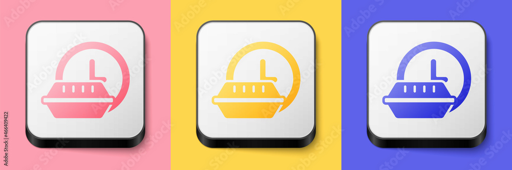 Isometric Round the clock delivery icon isolated on pink, yellow and blue background. Square button. Vector Isometric Round the clock delivery icon isolated on pink, yellow and blue background. Square button. Vector