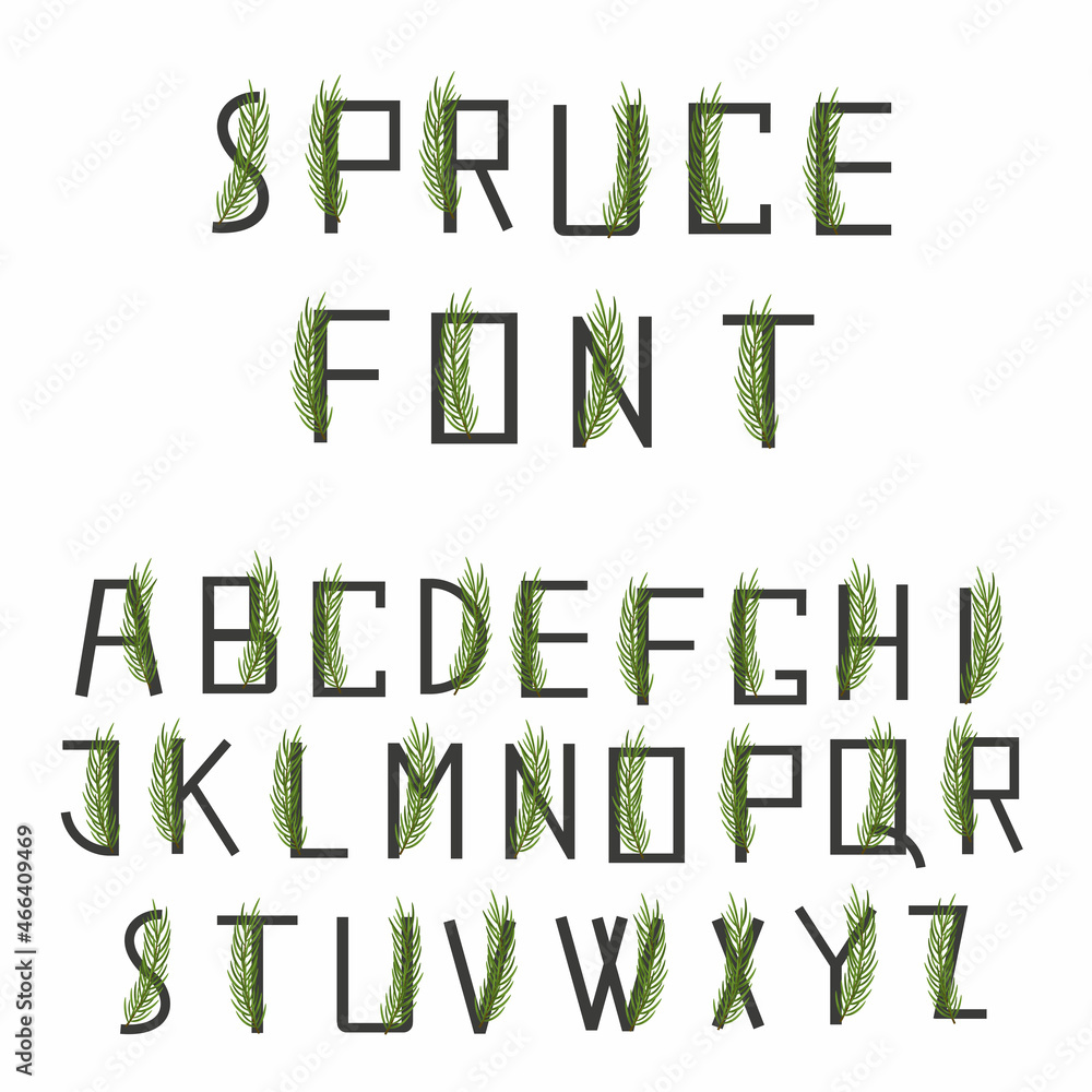 Eco natural font with green fir branch isolated on white background. Typography simple alphabet. Vector illustration