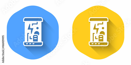 White Futuristic cryogenic capsules or containers icon isolated with long shadow background. Cryonic technology for humans or cryogenic chamber. Circle button. Vector