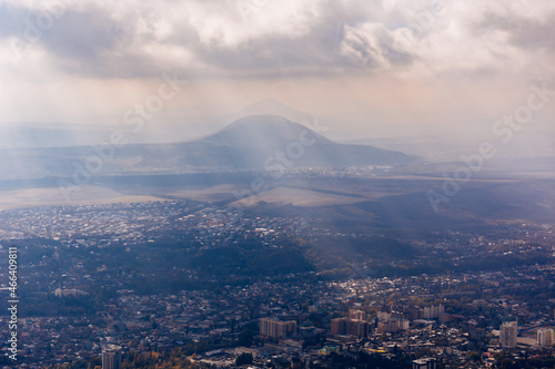 View of the city of Pyatigorsk from Mount Beshtau in the morning through the fog