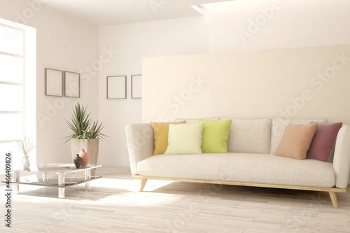 White living room with sofa. Scandinavian interior design. 3D illustration