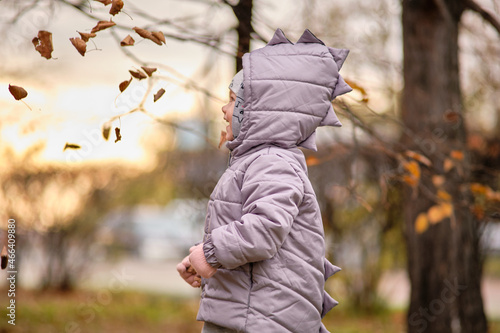 A little girl in a dinosaur jacket is playing with autumn leaves.