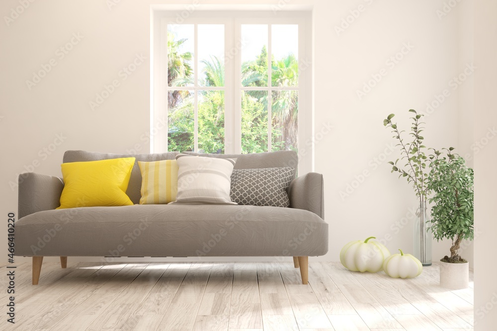 White living room with sofa and summer landscape in window. Scandinavian interior design. 3D illustration White living room with sofa and summer landscape in window. Scandinavian interior design. 3D illustration