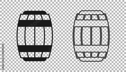 Black Wooden barrel icon isolated on transparent background. Alcohol barrel, drink container, wooden keg for beer, whiskey, wine. Vector