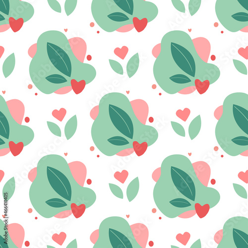 The abstract shape in a seamless pattern. The modern graphic elements, colored shapes and spring or summer leaves on the white background, isolated. The texture, print in a vector
