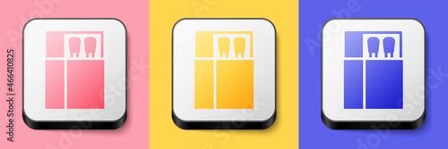 Isometric Open matchbox and matches icon isolated on pink, yellow and blue background. Square button. Vector