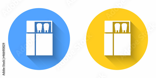 White Open matchbox and matches icon isolated with long shadow background. Circle button. Vector