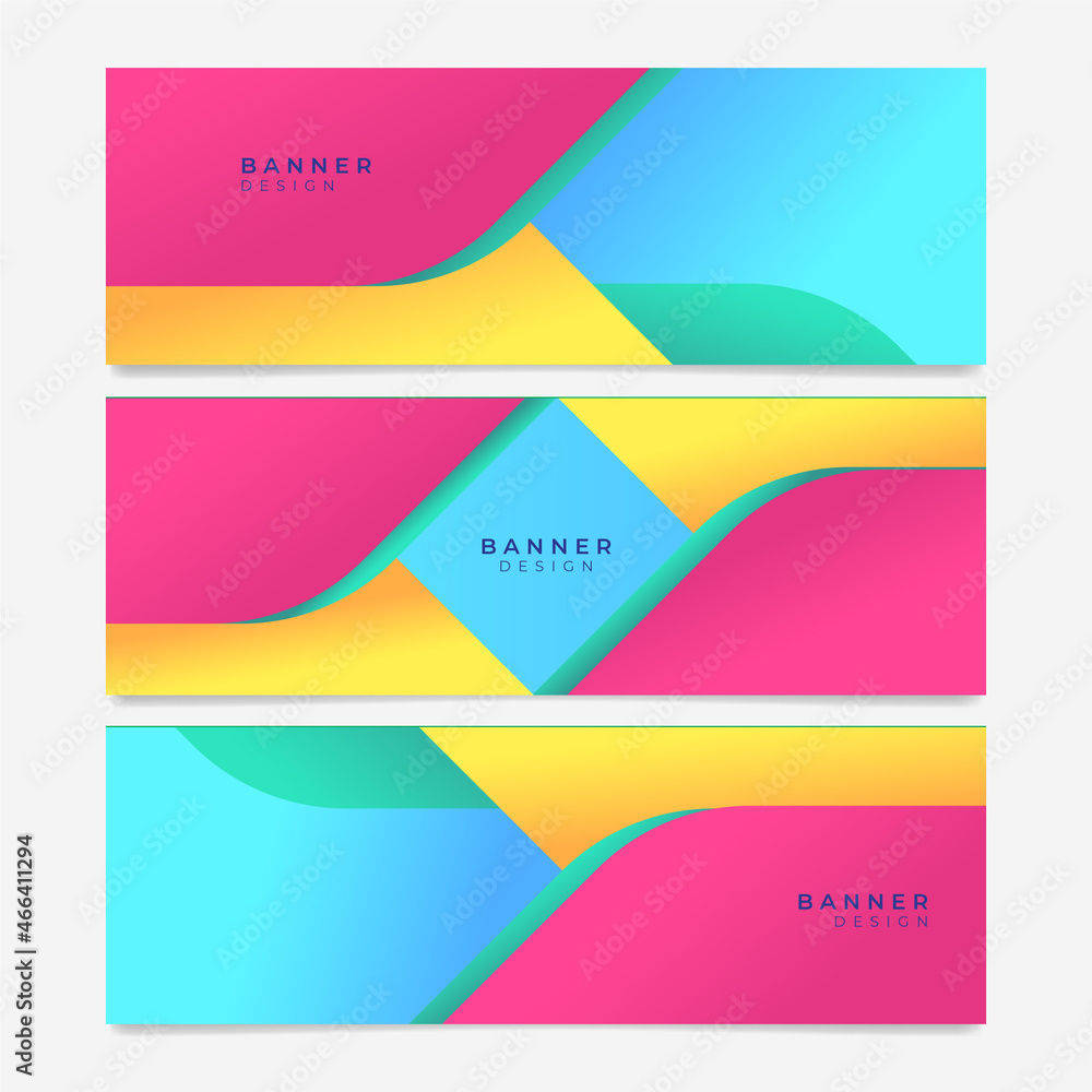 Fototapeta premium Colorful web banner with geometric. Collection of horizontal promotion banners with vivid vibrant gradient colors and abstract backdrop. Header design. Vibrant coupon template. Vector illustration