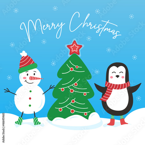 Christmas vector illustration - snowman and penguin dancing near Christmas tree on blue background with snow and snowflakes