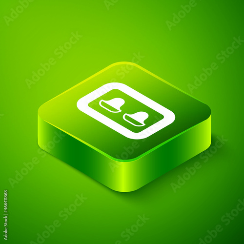 Isometric Earplugs with storage box icon isolated on green background. Ear plug sign. Noise symbol. Sleeping quality concept. Green square button. Vector