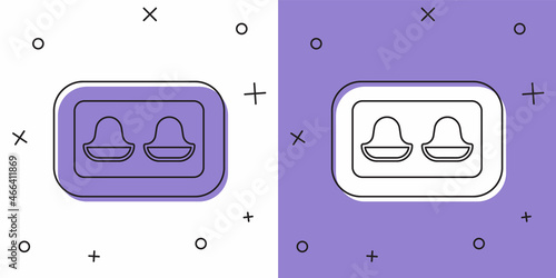 Set Earplugs with storage box icon isolated on white and purple background. Ear plug sign. Noise symbol. Sleeping quality concept. Vector