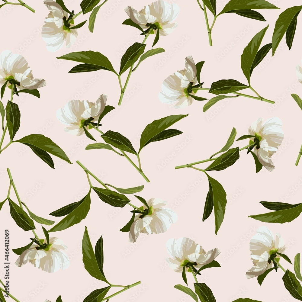 Seamless floral pattern, white peony flowers with leaves on a beige background. Design for wallpaper, fabric, wrapping paper, cover and more. Seamless floral pattern, white peony flowers with leaves on a beige background. Design for wallpaper, fabric, wrapping paper, cover and more.