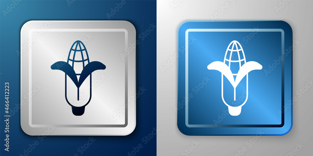 White Corn icon isolated on blue and grey background. Silver and blue square button. Vector White Corn icon isolated on blue and grey background. Silver and blue square button. Vector