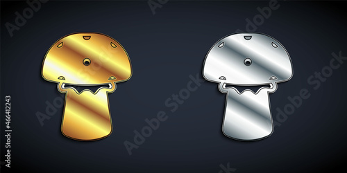 Gold and silver Mushroom icon isolated on black background. Long shadow style. Vector