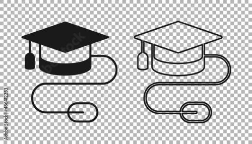 Black Graduation cap with mouse icon isolated on transparent background. World education symbol. Online learning or e-learning concept. Vector