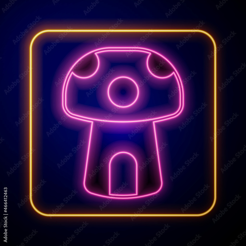 Glowing neon Fantasy mushroom house icon isolated on black background. Fairytale house. Vector Glowing neon Fantasy mushroom house icon isolated on black background. Fairytale house. Vector