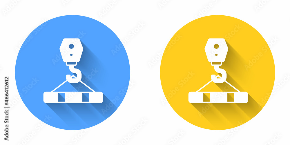 White Crane hook icon isolated with long shadow background. Industrial hook icon. Circle button. Vector White Crane hook icon isolated with long shadow background. Industrial hook icon. Circle button. Vector