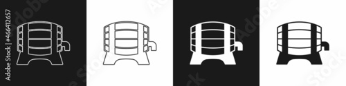 Set Wooden barrel on rack with stopcock icon isolated on black and white background. Vector