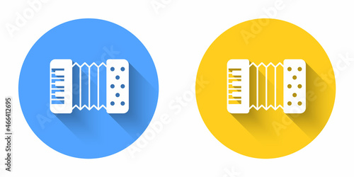 White Musical instrument accordion icon isolated with long shadow background. Classical bayan, harmonic. Circle button. Vector