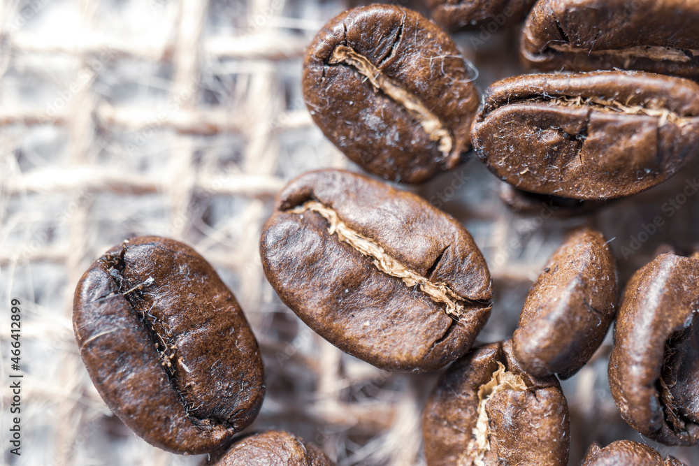 Fototapeta premium Coffee bean grains standing on straw fabric. macro photo. 